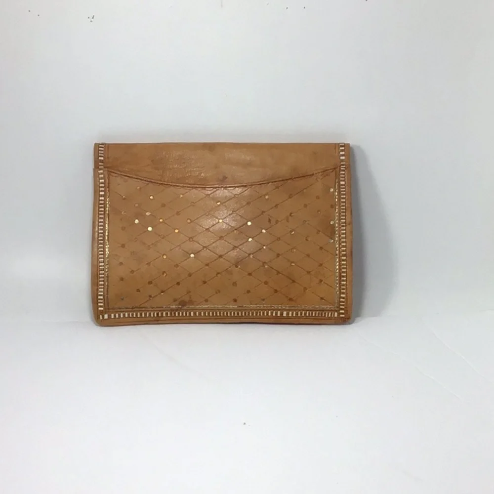 Vintage Moroccan Hand-Tooled Tooled Leather Gold Leaf Clutch & Wallet.